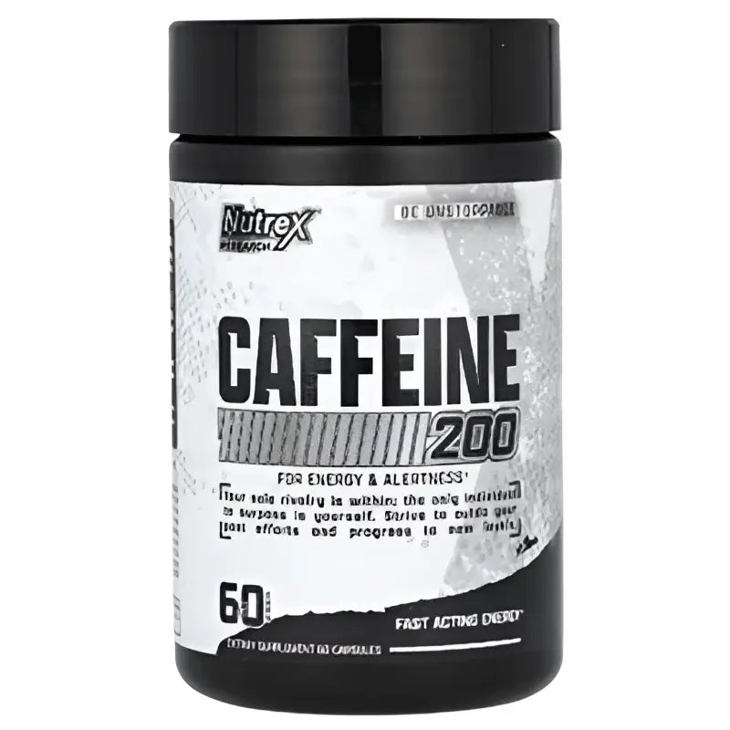 Envase negro cilíndrico de nutrex caffeine 200 con etiqueta blanca, texto negro y detalles plateados para cafeína nutrex